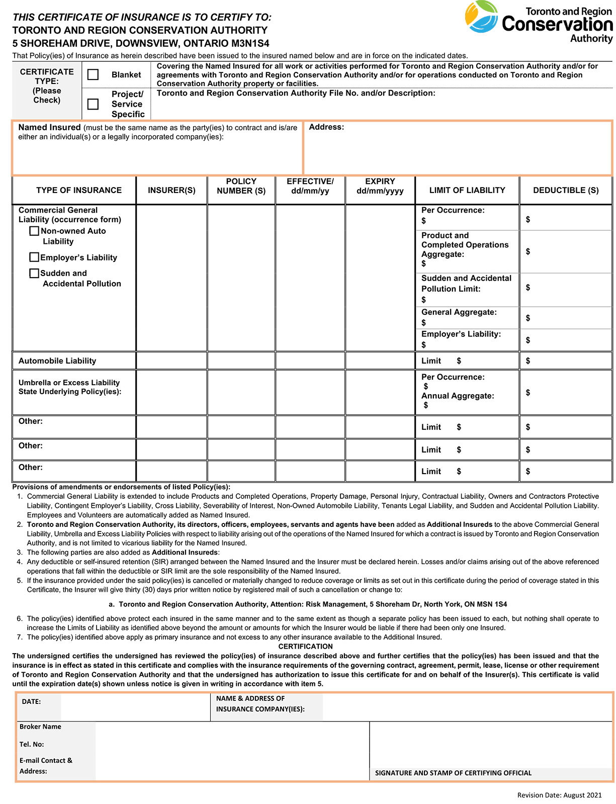 TRCA Vendor or Contractor Certificate of Insurance Request Form