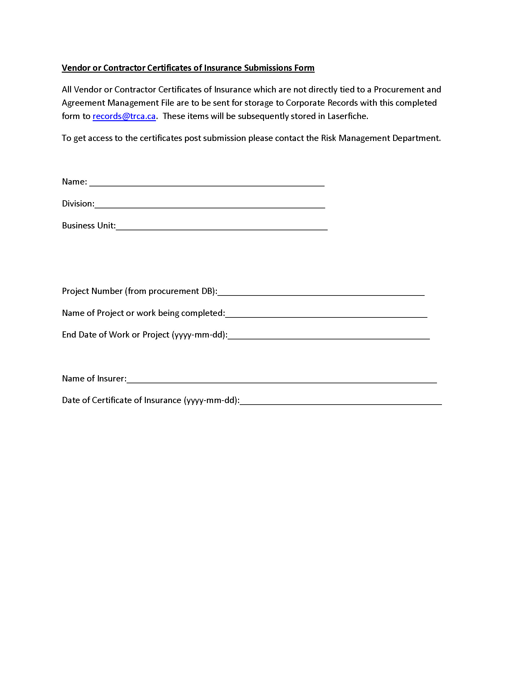 Vendor or Contractor COI