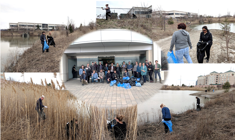 TRCA staff collect litter from around the storm water pond adjacent to 101 Exchange Avenue