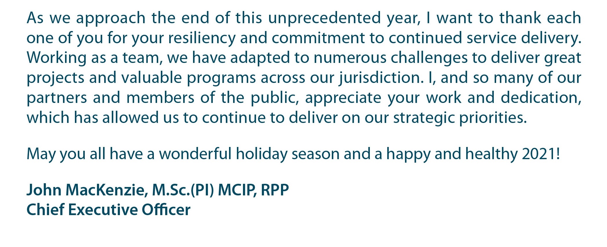 Holiday season greetings to TRCA staff from CEO John MacKenzie