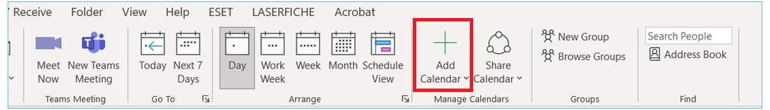 Select Add Calendar from the Outlook menu
