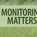 Two staff looking through binoculars to view breeding birds that they are listening for, as well as the title text Monitoring Matters!