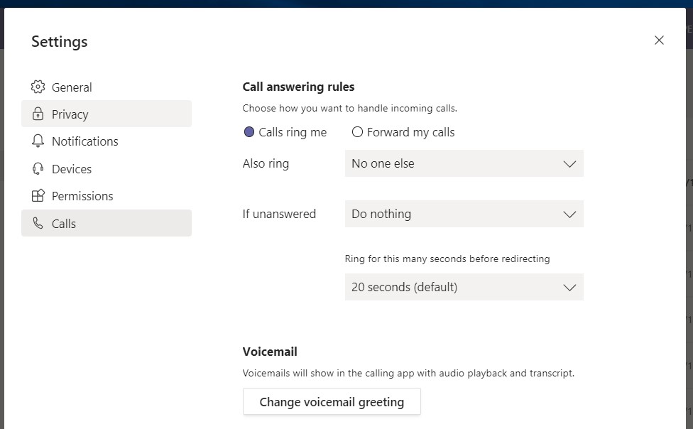 In this screen shot the call answering rule for Teams is set to do nothing if a call rings for 20 seconds