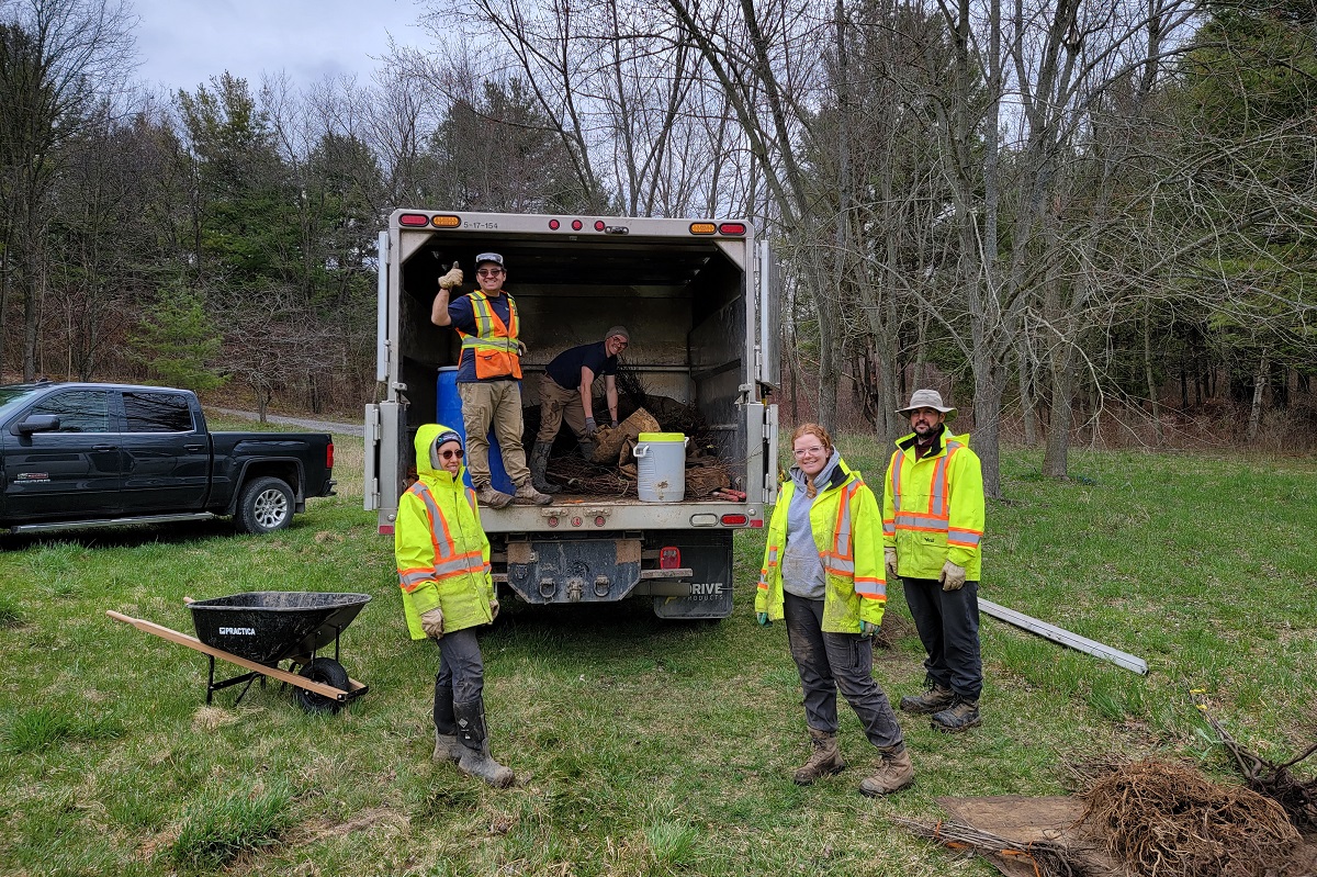 TRCA field staff unload trees from the back of a truck at a planting site