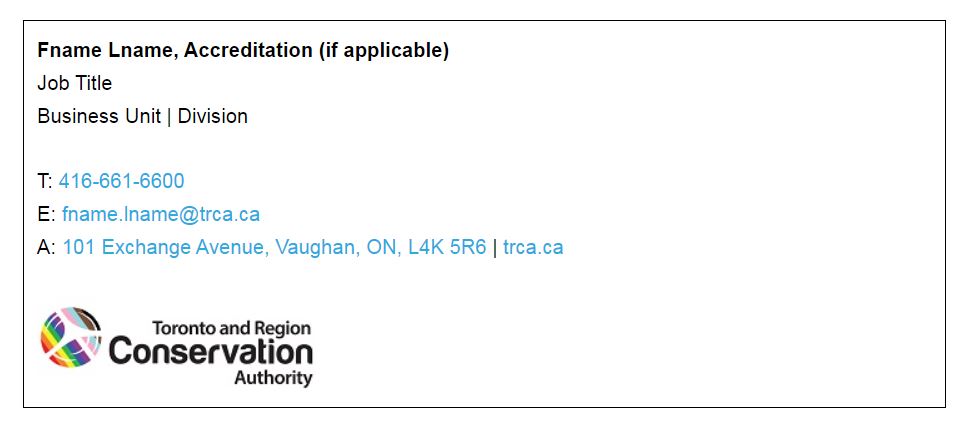 sample TRCA email signature with Pride logo