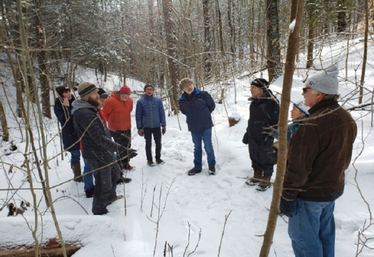 Duffins Headwaters Stewardship Committee members meet with Brian Bertrand to plan replacement of decaying boardwalk