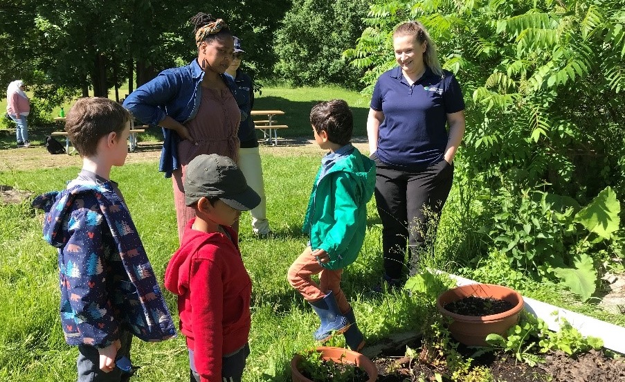 Peel Community Learning team members work with students from The Nature School students to design a new childrens garden at Claireville Conservation Area