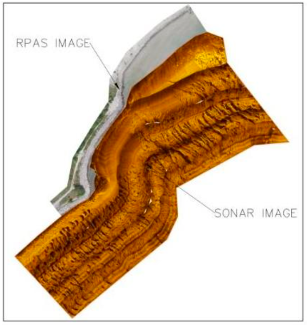 composite image combining Remotely Piloted Aircraft System imagery with Sonar data